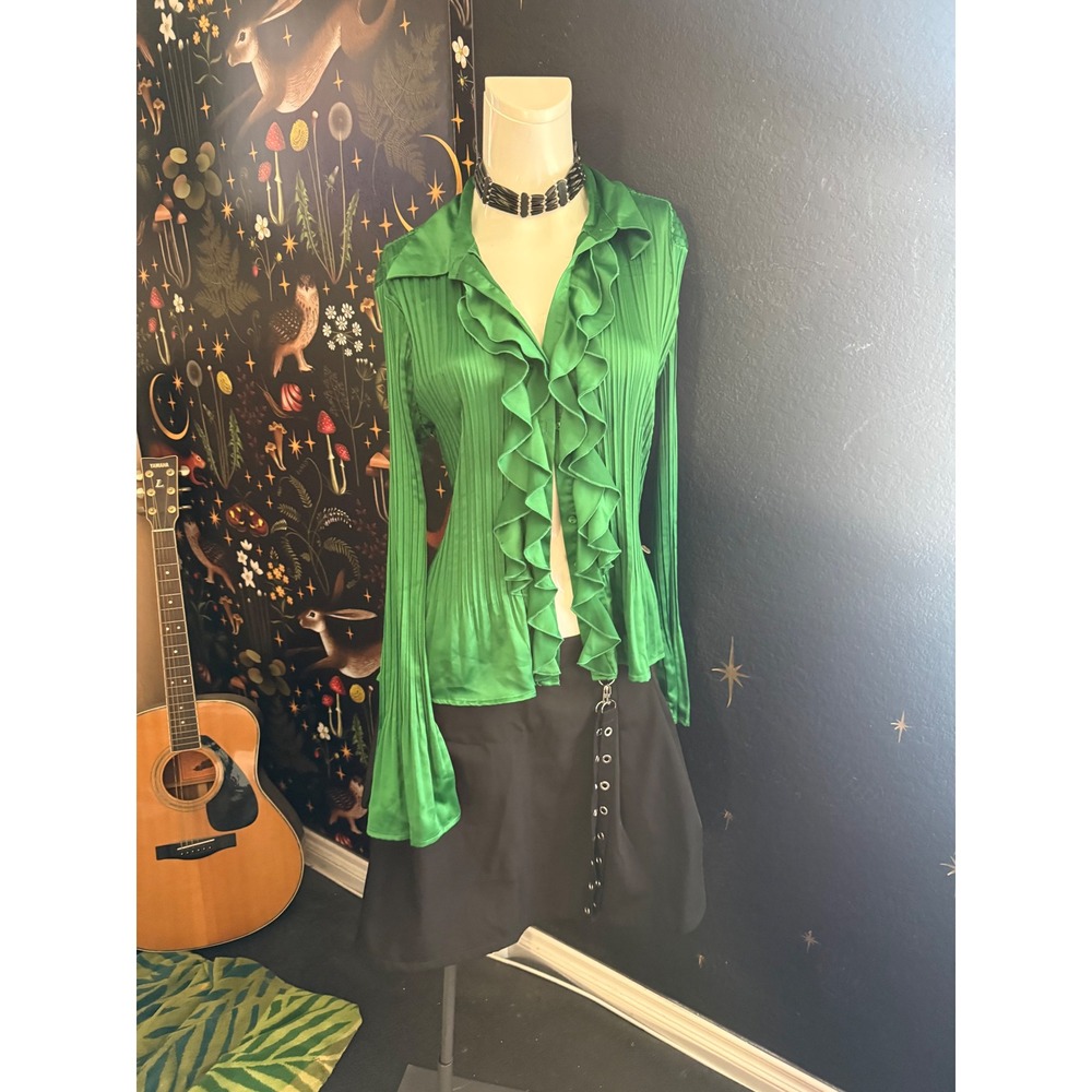 Sunny Leigh Green Pleated Ruffle Front Blouse XL Long Sleeve Satin Finish Top